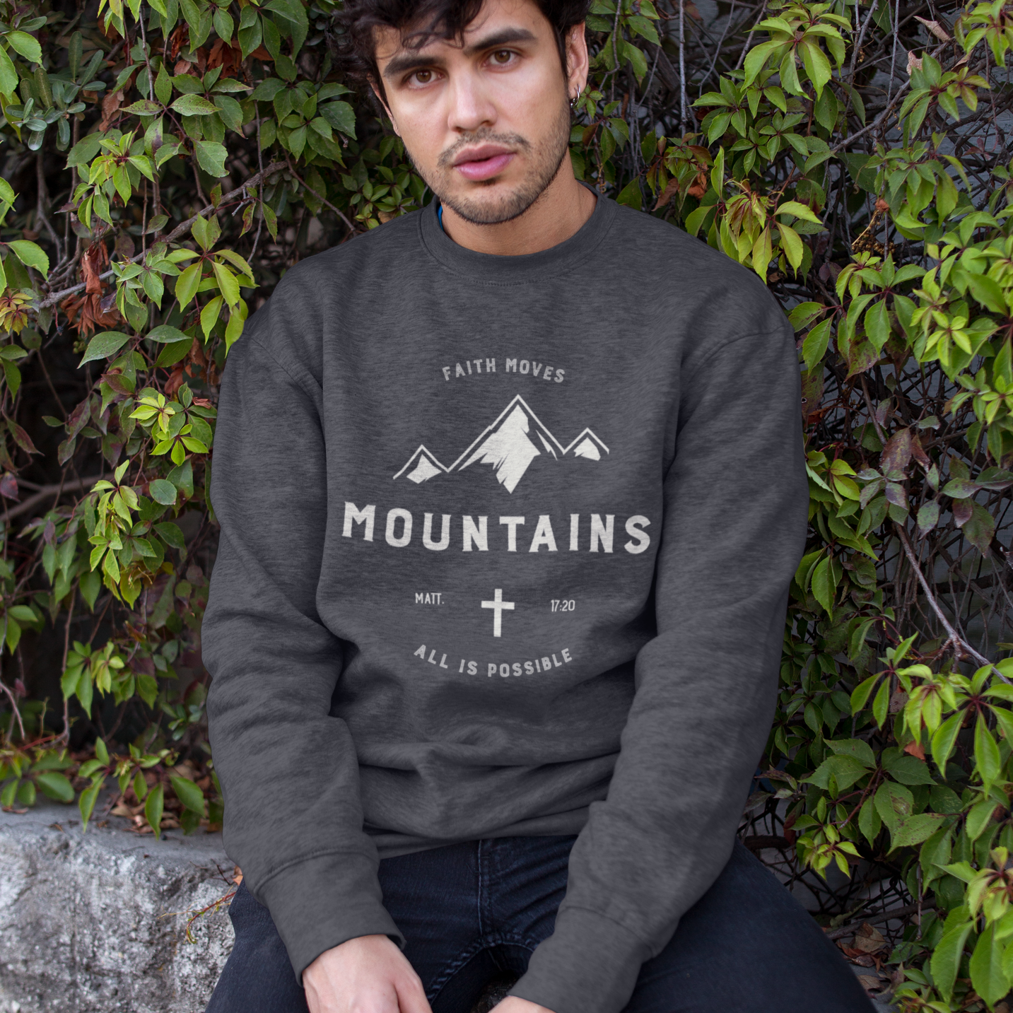 Faithful Citizens Apparel Faith Moves Mountains heather gray sweatshirt men